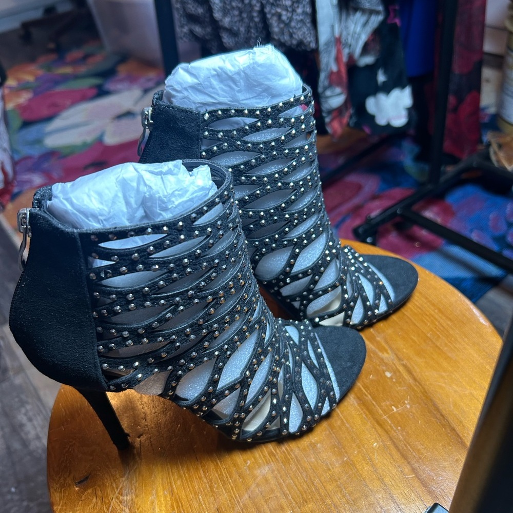 Elegant Black Studded Caged Heeled Booties